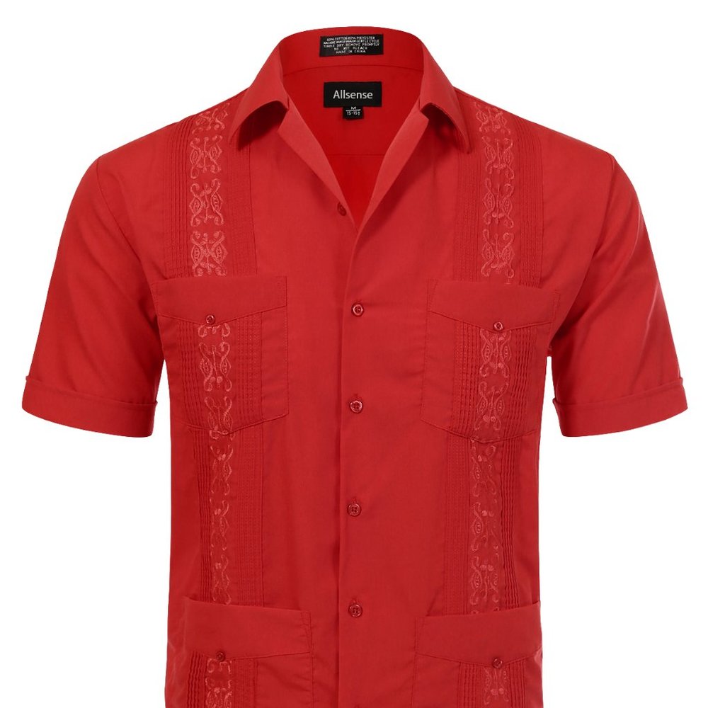 Men's Short Sleeve Cuban Guayabera Shirt Red